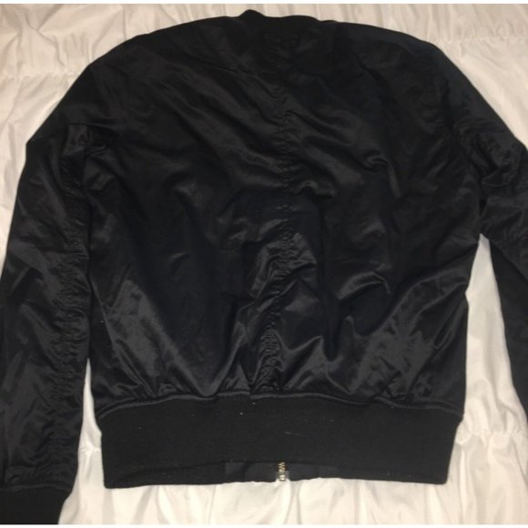 American Eagle | Black Floral Embroidered Black Bomber Jacket Satin | Size Small - Picture 6 of 6